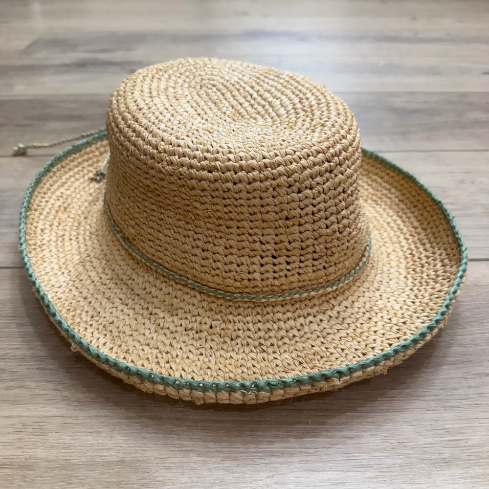 Jams World Natural Raffia Straw Boater Sun Hat Lime Green Trim W224 One Size